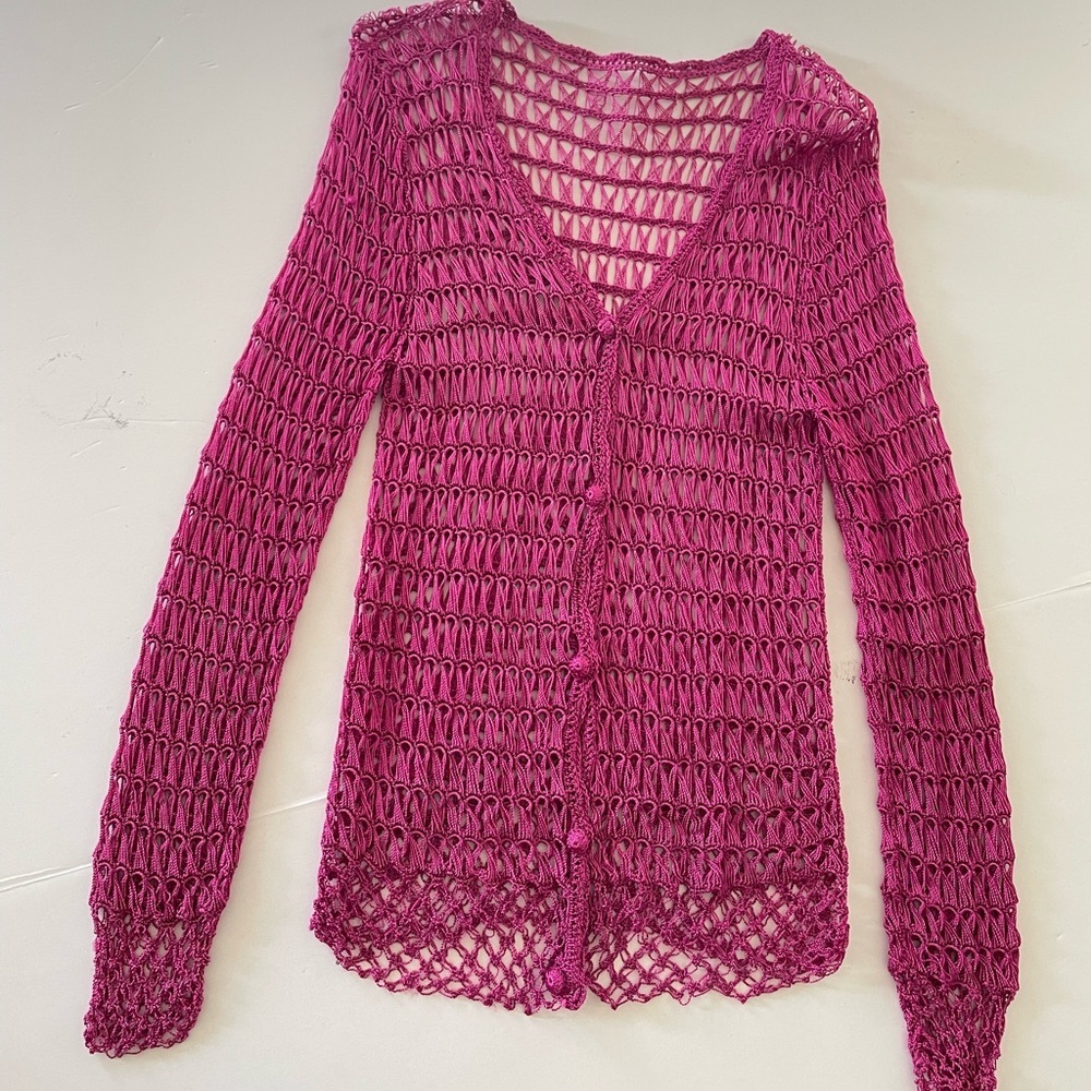 Kroshetta By Papillon Pink Crochet Cardigan Women’s Size Small / XS Long Sleeve